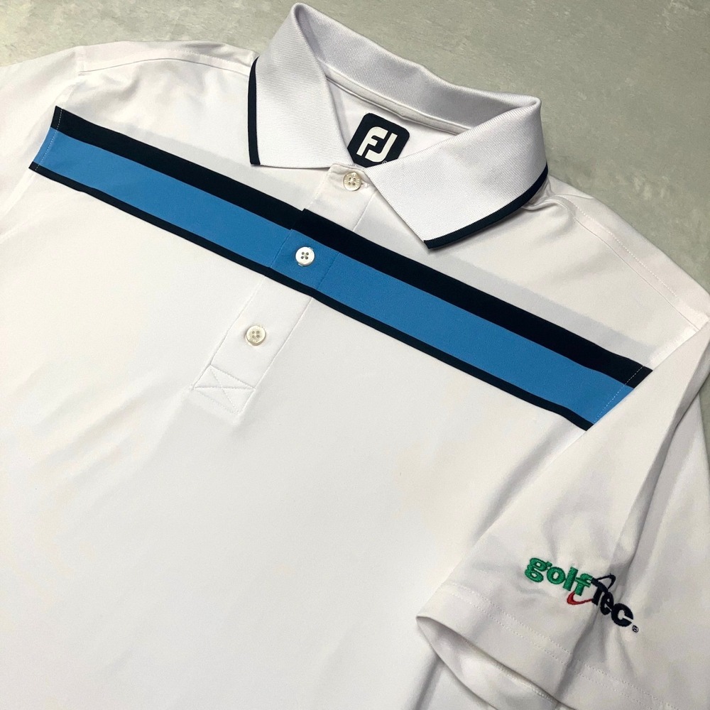 FootJoy FJ Golf Polo Shirt Men‎ M White Black Blue Striped Athletic Performance